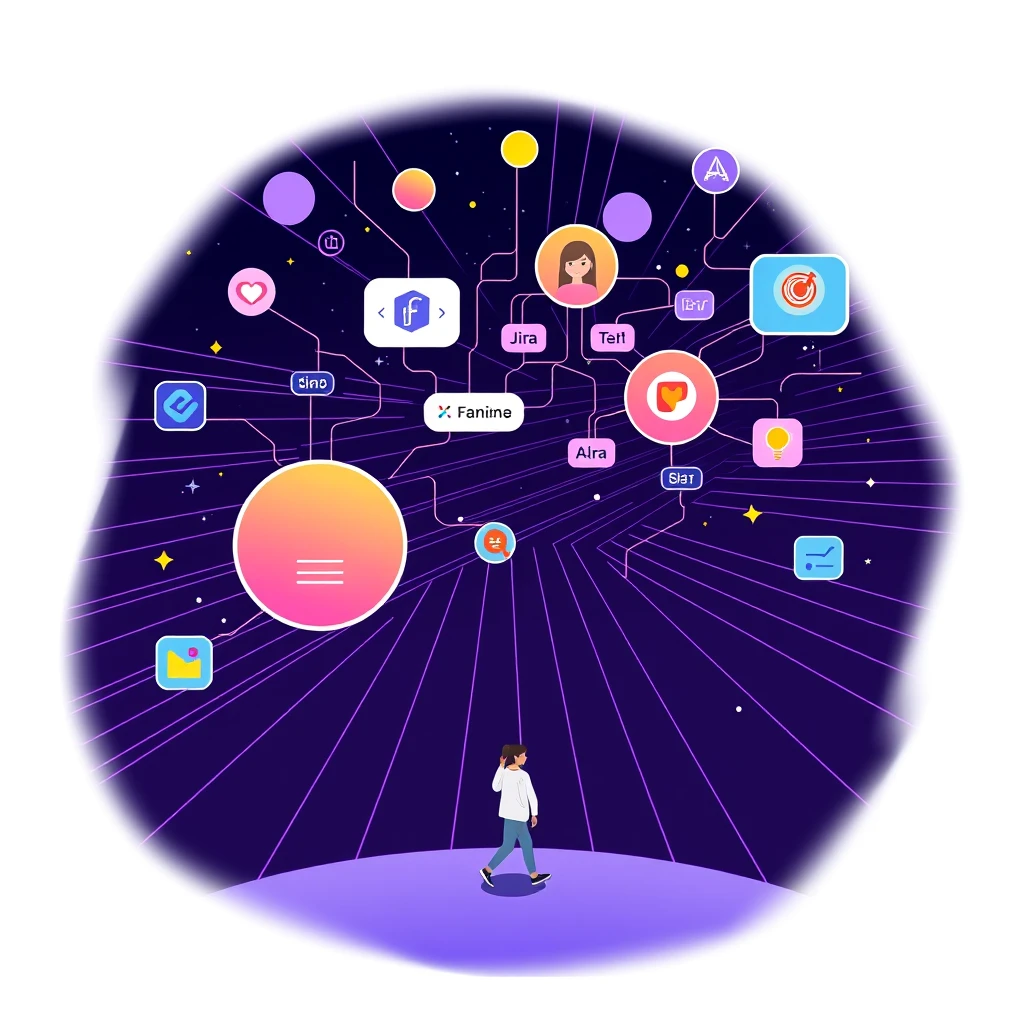 A colorful illustration representing a space, internet tools like Jira, Figma are connected, data flow, dark mode, casual styled characters in many horizontal lines, zooming out, walking towards brightness, deep purple gradients, --ar 16:9.