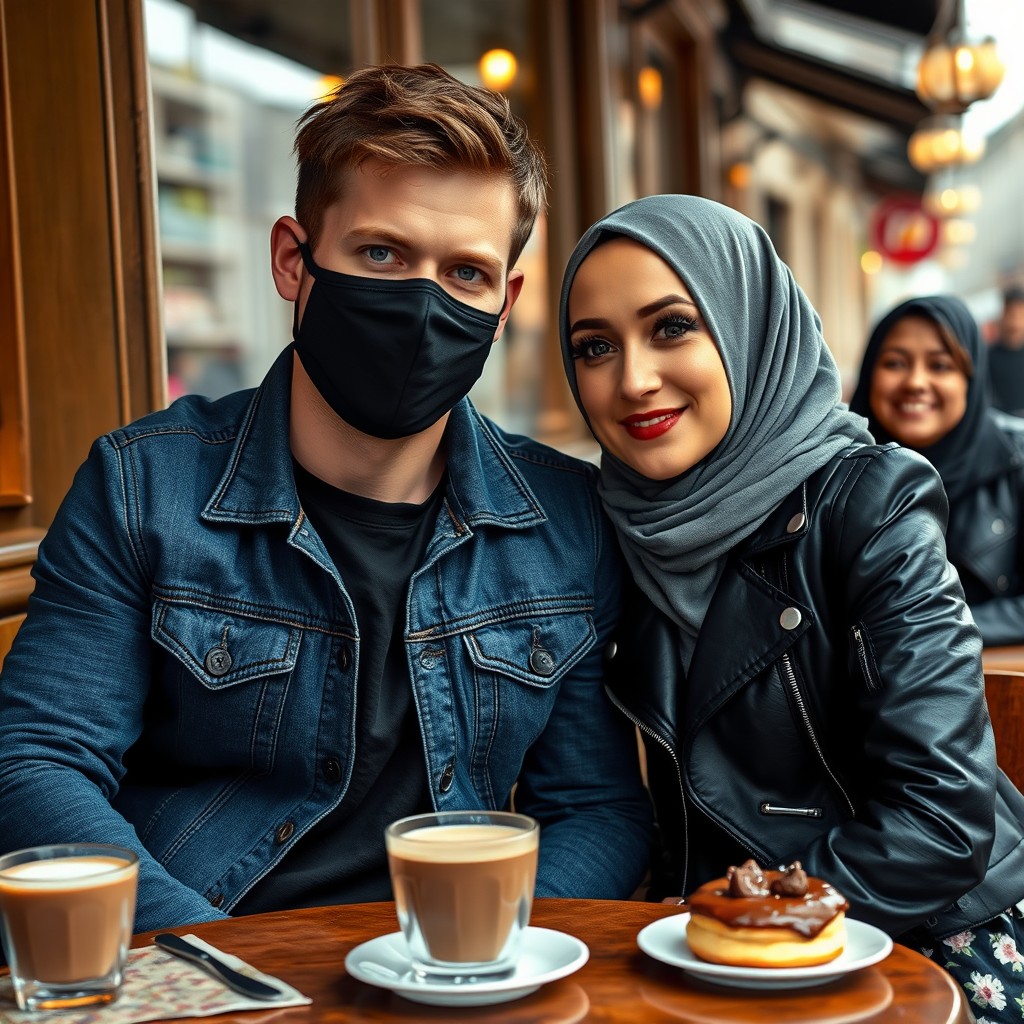 Jamie Dornan's head and body shot, handsome, young, face mask black, blue jeans jacket, jeans, dating love with grey hijab Muslim girl, beautiful eyes, face mask black, black leather jacket, biggest floral skirt, at cafe, 2 cups of latte, muffin cake, choco donut on a table, with another 3 friends smiling in the back, photorealistic, hyper-realistic, street photography, selfie.