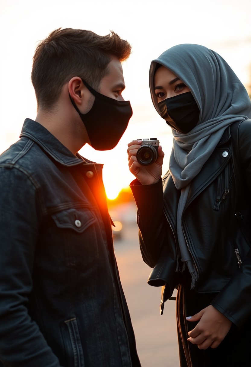 Jamie Dornan's head and body shot, handsome, face mask black, jeans jacket, jeans, dating, love couple, with the biggest grey hijab Muslim girl, face mask black, beautiful eyes, black leather jacket, biggest skirt, taking picture, camera DSLR Canon, sunset, hyper-realistic, street photography.