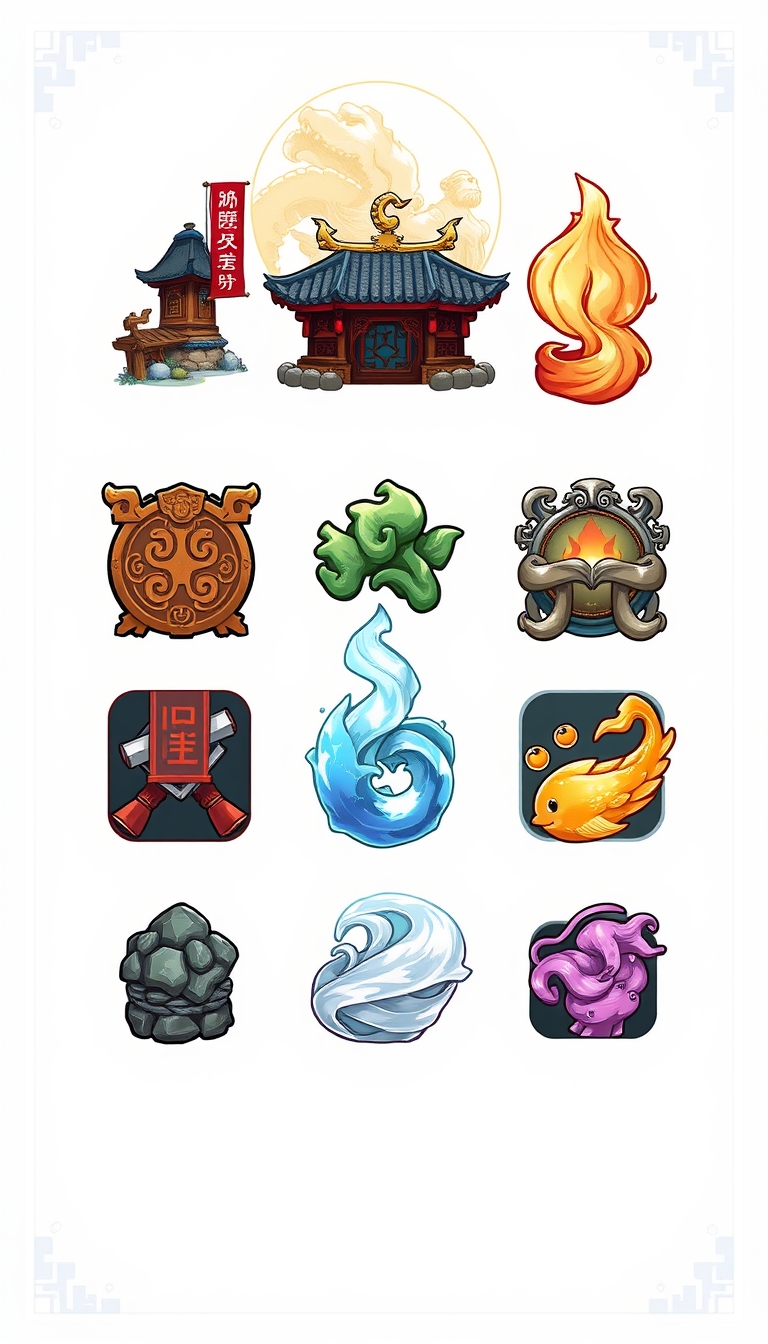 Design a set of game feature icons that blend Chinese ancient style with realism, ensuring that the icons are clear and detailed in 8K resolution. Use a colorful ink wash painting style with detailed coloring, hand-drawn bold outlines, and a cute graphic novel aesthetic.