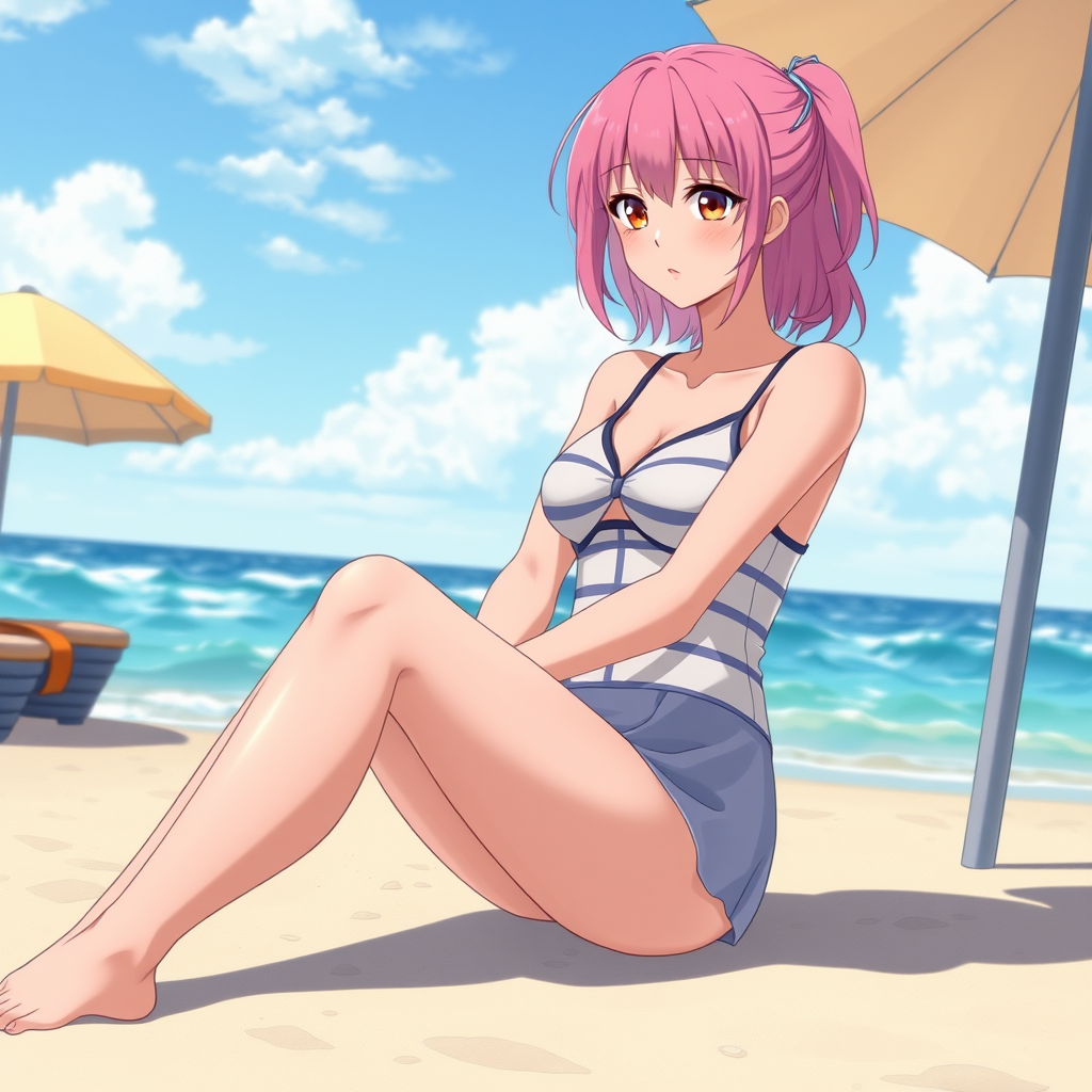 Anime art of a motherly woman, medium shot, pink hair, school swimsuit, detailed scene, sitting at beach, stunning leg details, trending on artstation, anime artwork, anime cel shading, detailed soft shadows.