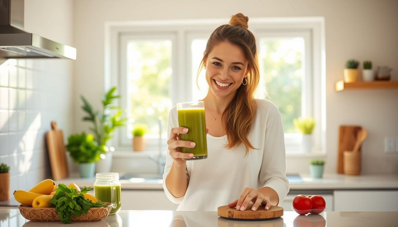 Happy young woman preparing a healthy smoothie in a bright kitchen reflecting the energy and freshness of a sunny morning. - Image