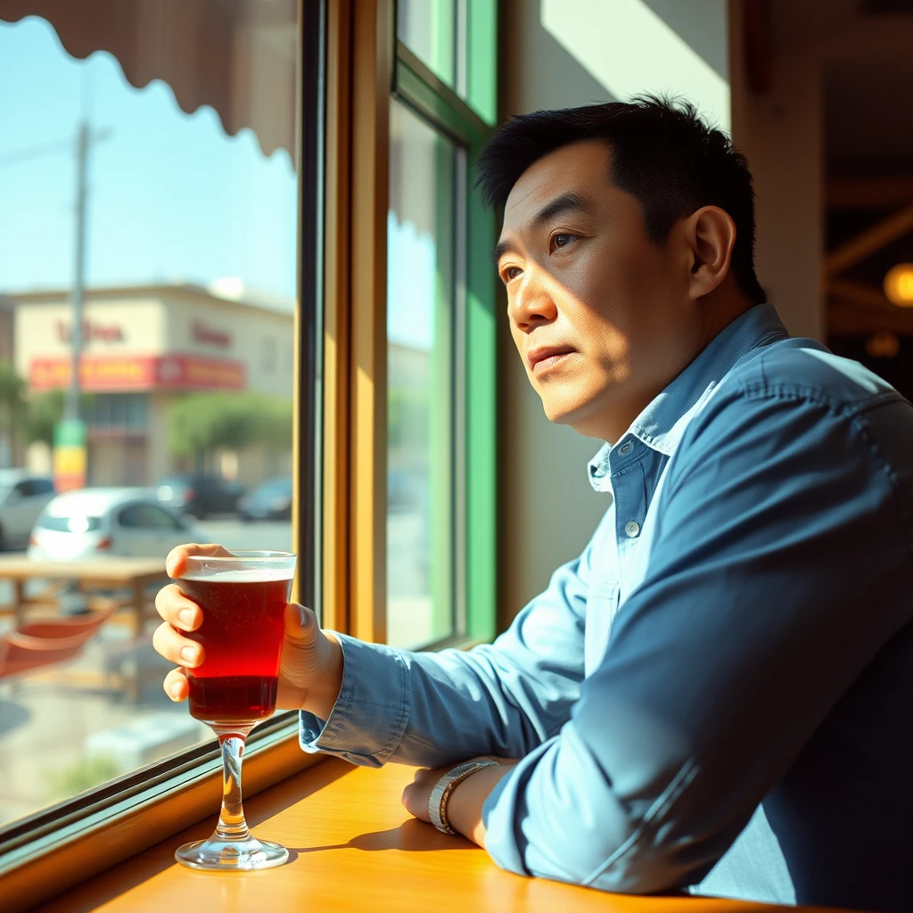 A sunny Chinese man about 34 years old is drinking an Americano by the window. The photo has colors reminiscent of a Fuji camera.