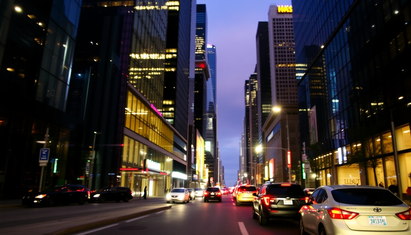 A vibrant city street at night, with reflections in the glass windows of skyscrapers.