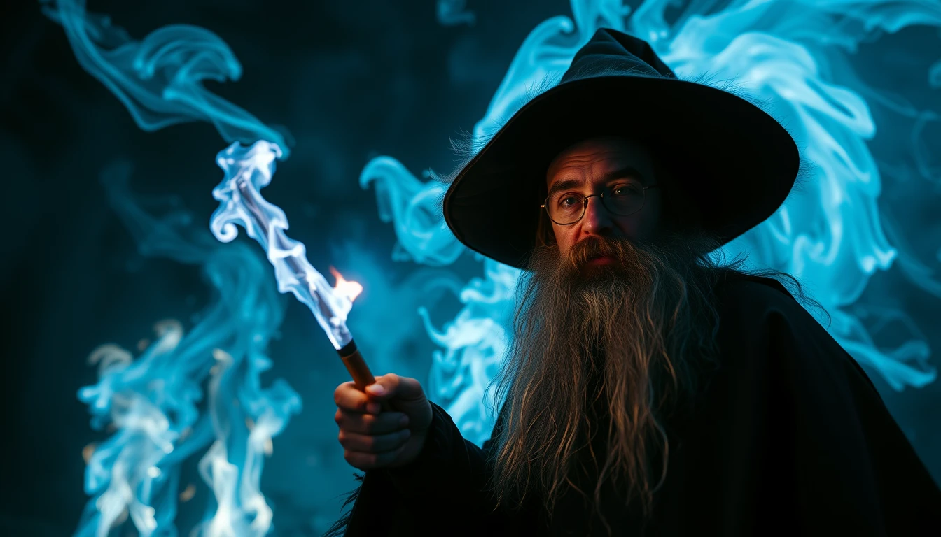 Wide angle, gloomy atmosphere, blue and white flames swirling in the background, a wizard holding a magic wand.