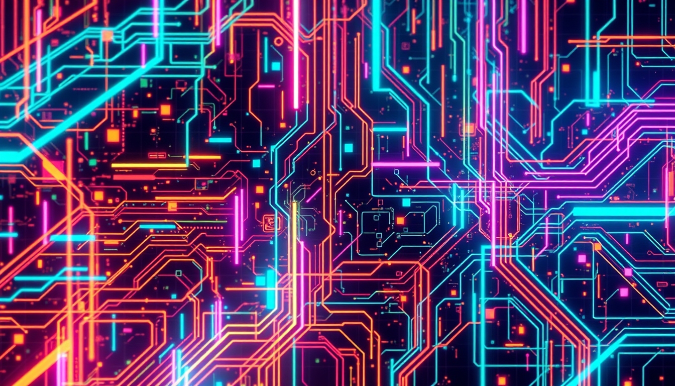 Futuristic abstract background, neon colors dance with digital glitches, intricate patterns reminiscent of circuit designs, high-tech dynamic atmosphere. - Image