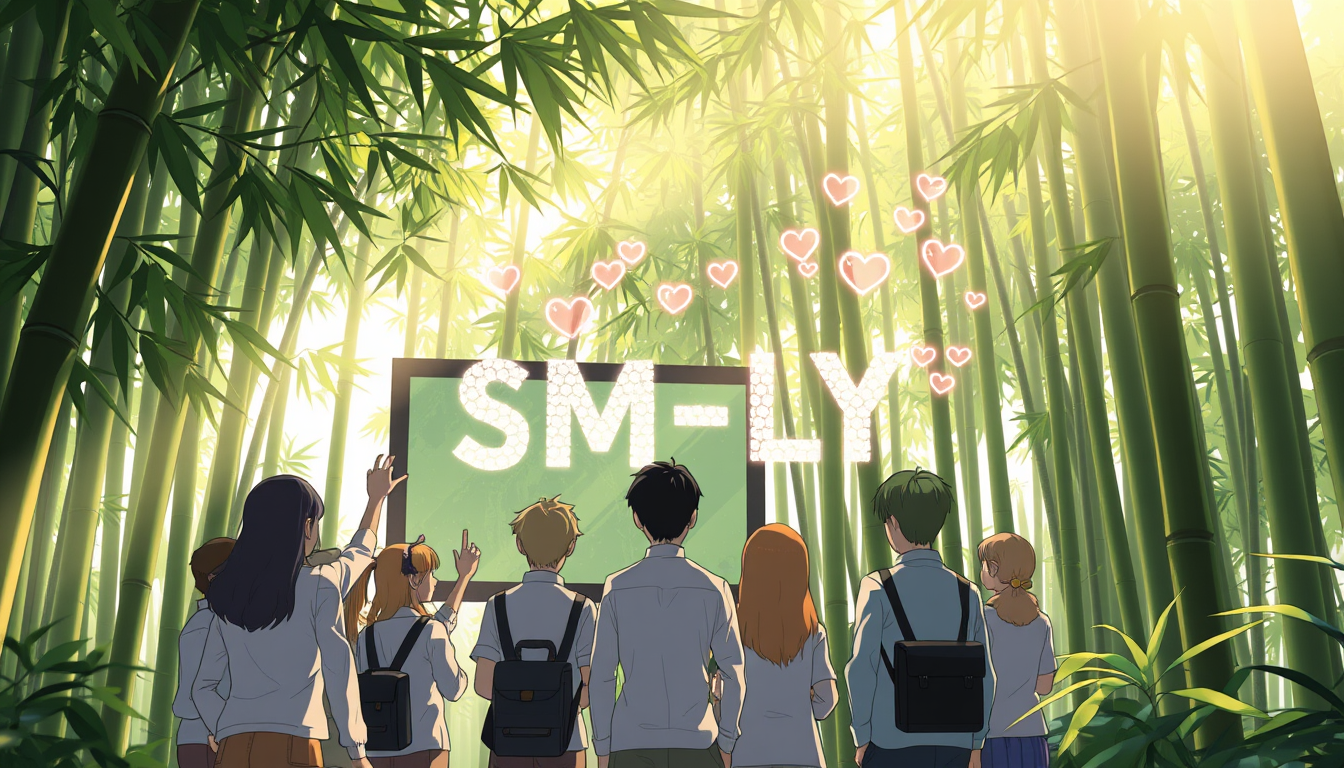 Anime style: In a tranquil bamboo forest, a group of people stand before a screen nestled among the trees. Sunlight dapples through the leaves, creating a magical atmosphere. As they reach out, the bamboo seems to come alive, glowing softly and releasing floating hearts that coalesce into the letters "SM-LYT". The characters appear to be woven from bamboo, representing the strength and flexibility of Vietnamese culture.