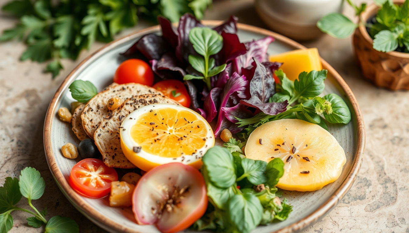 A beautifully composed shot of a healthy, plant-based meal, with vibrant colors and fresh ingredients arranged on a ceramic plate. - Image