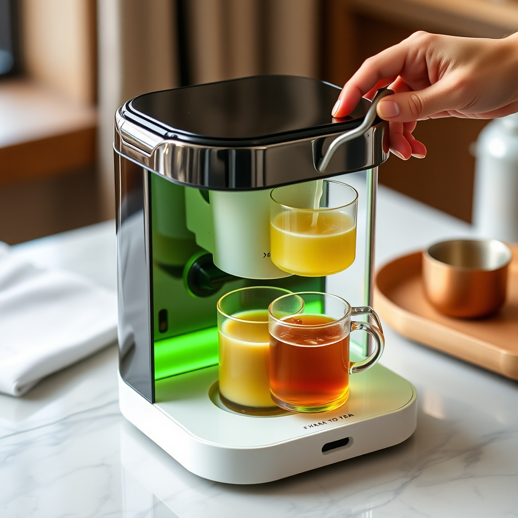 The sleek and smart-looking tabletop is a portable, personalized Indian-type small batch tea-making machine with controls for masala flavor customization and milk proportions, boiling to perfection, making the whole process visible with see-through styling, easy to clean, and maintaining hygiene.