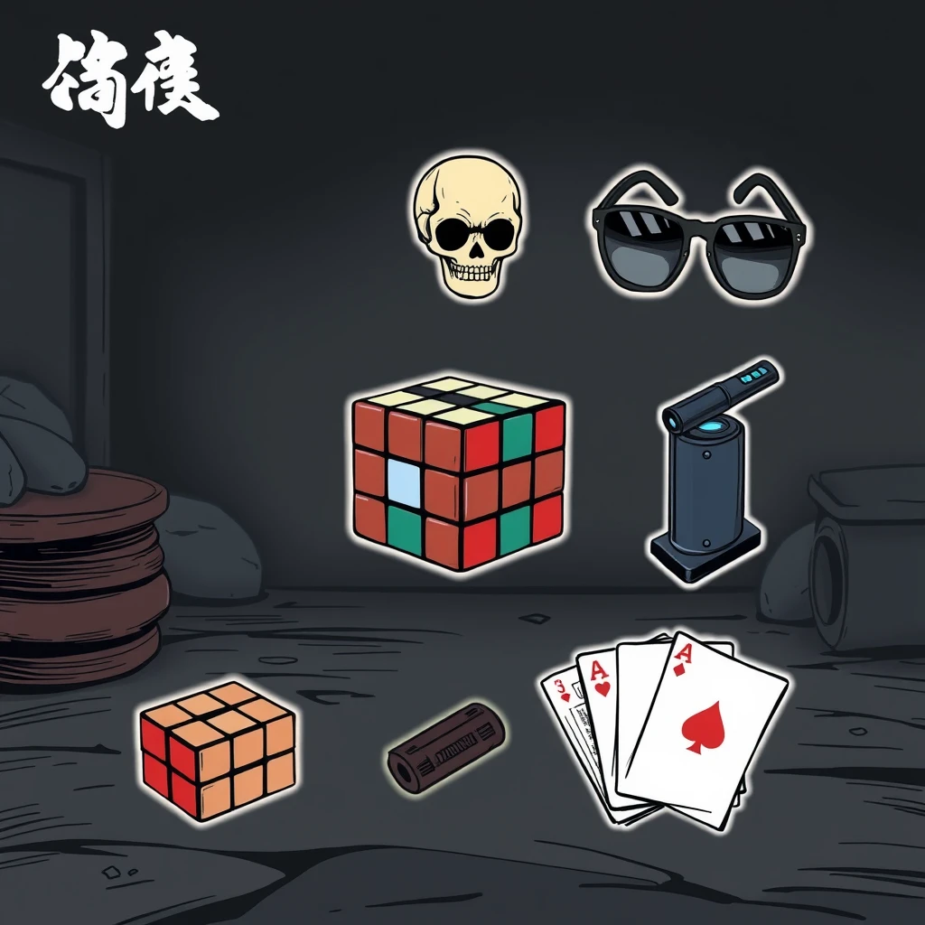 Design a set of game feature icons that blend Chinese ancient style with realism, ensuring the icons are clear, Human Skeleton Model, Rubik's Cube, Sunglasses, Small Flashlight, Playing Cards. The setting is depicted in 8K resolution, using a flat comic sketch style and graphic novel aesthetics, with dark and muted colors to enhance the adventurous and mysterious mood. - Image