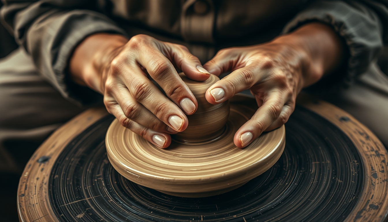 A close-up of a craftsman's hands meticulously shaping a piece of pottery on a spinning wheel, with earthy tones and rich textures.