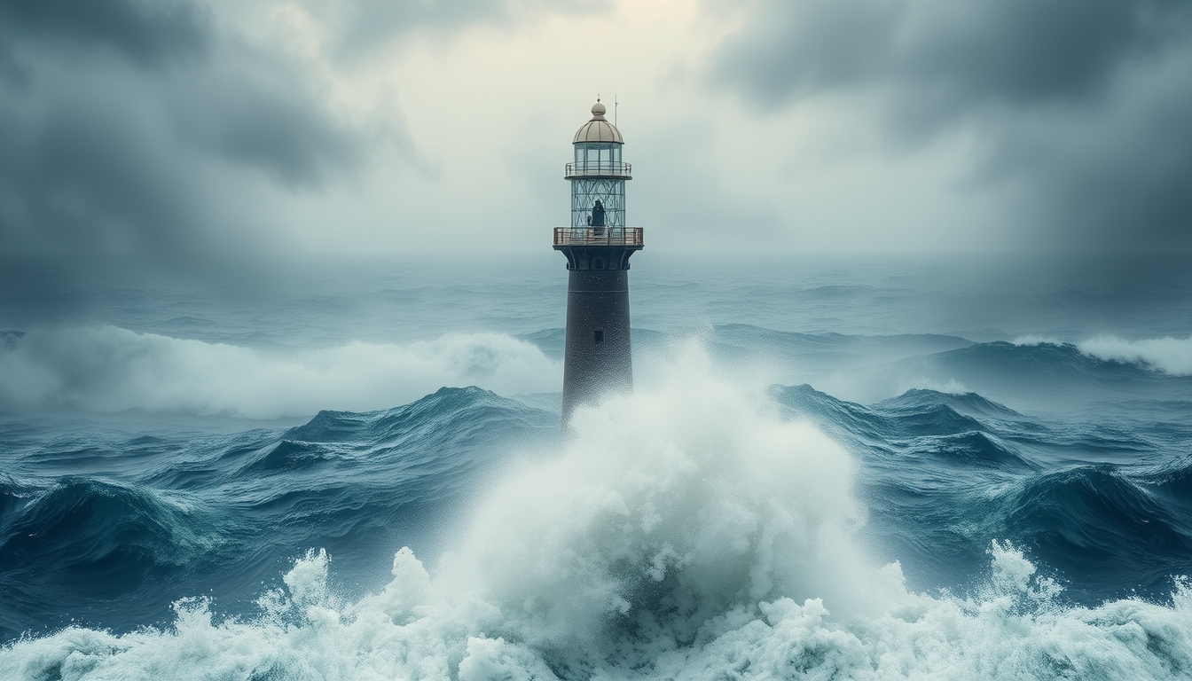 A dramatic stormy sea with a glass lighthouse standing tall against the waves. - Image