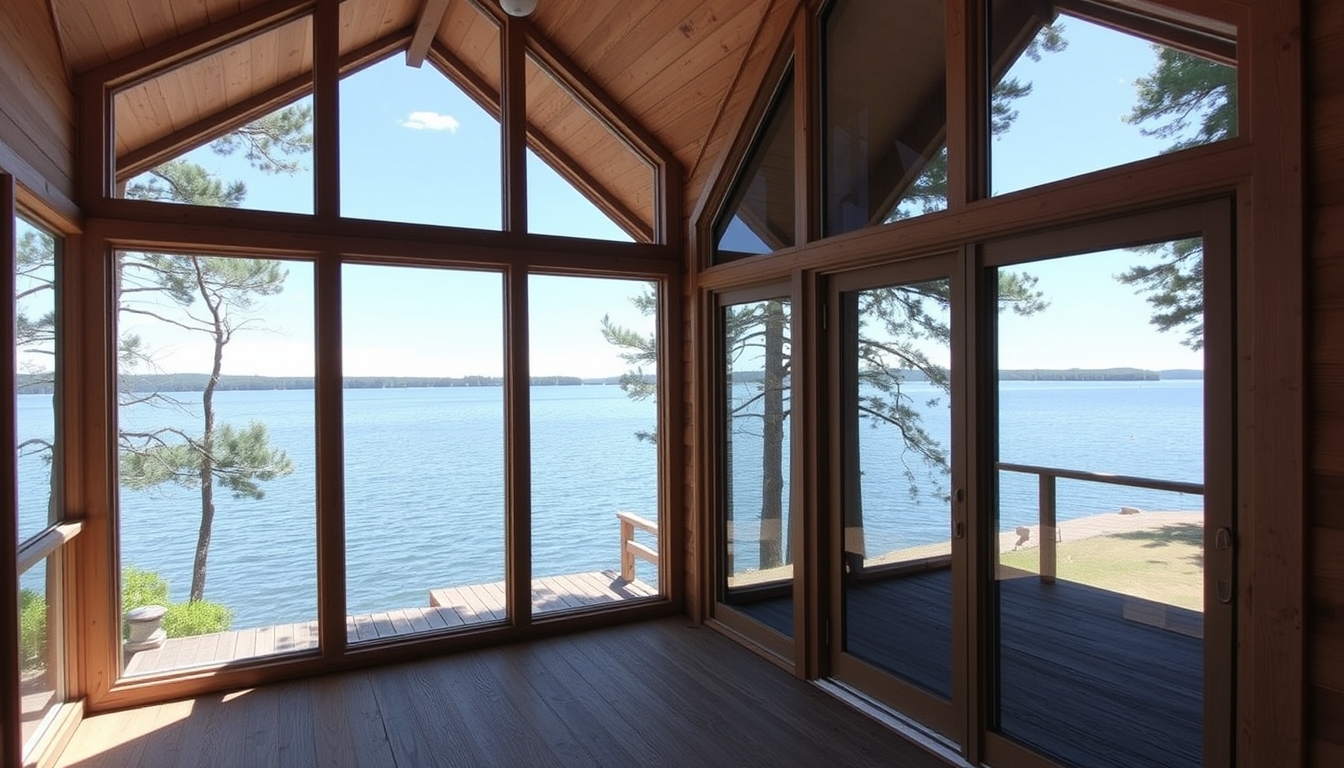 A serene lakeside cabin with a glass front, offering an unobstructed view of the water. - Image