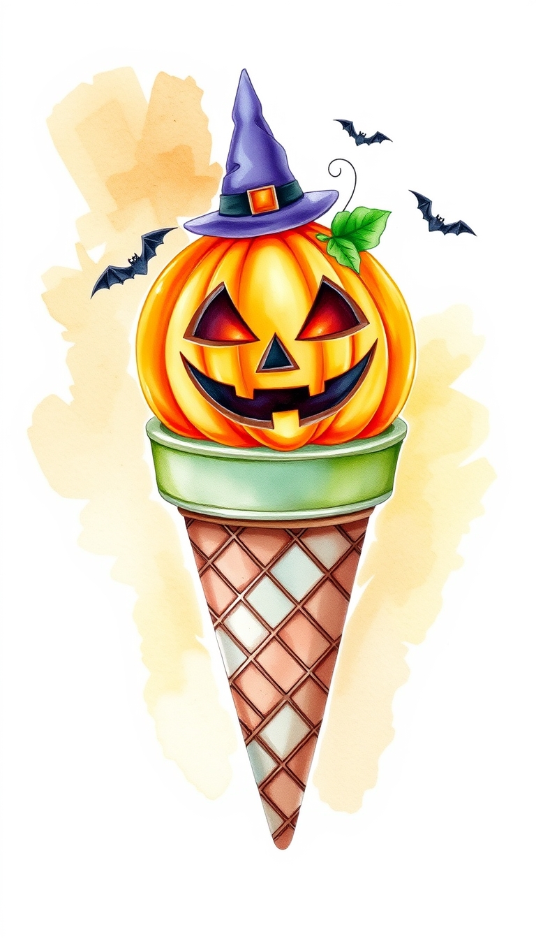 Ice cream cone, topped with Halloween-themed pumpkin face, spooky decorations, Watercolor style.