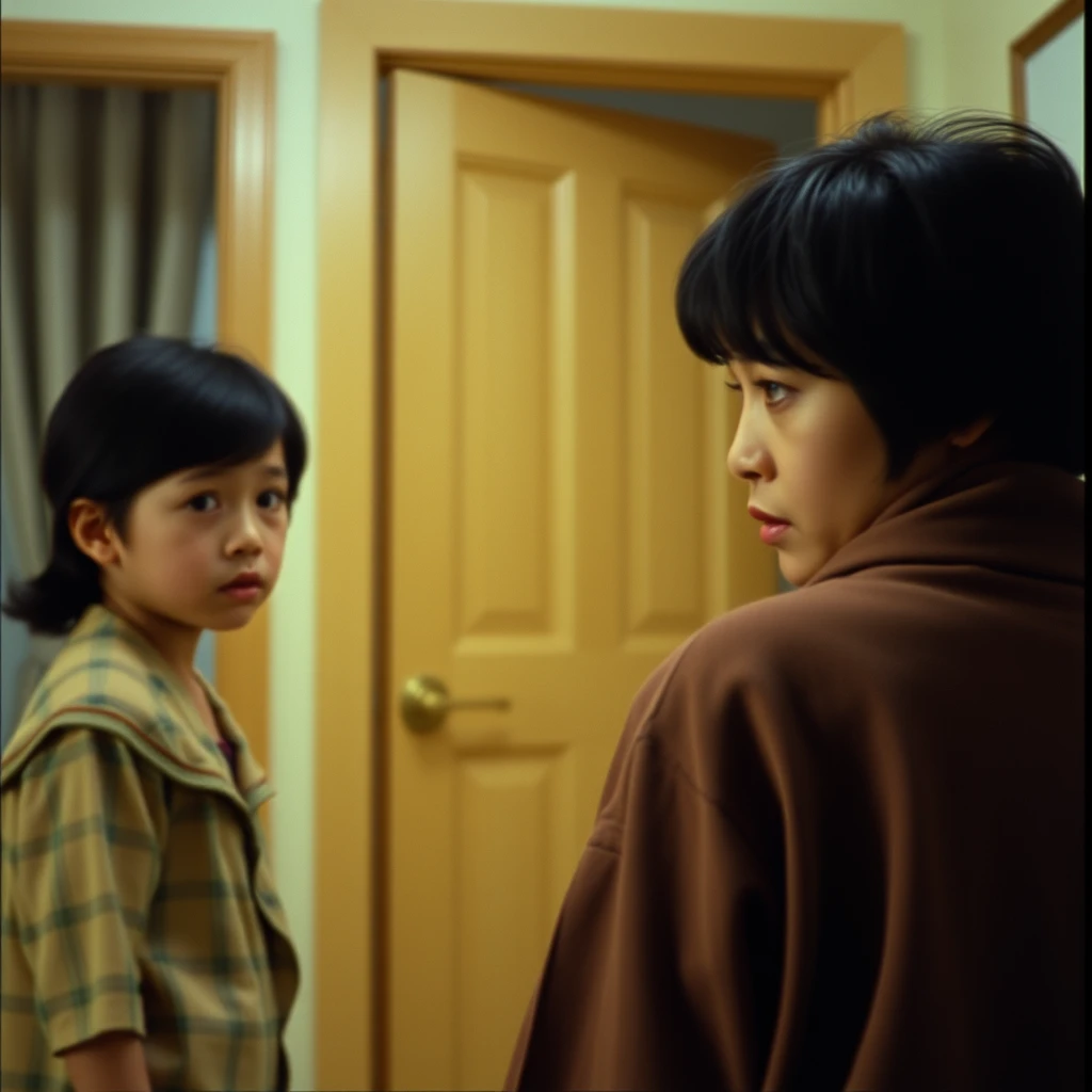 Movie Footage, Asian, 80s, Interior, A Woman, Facing the Camera, Loudly Scolding a Boy Who Is About To Leave, The Child Is Sad, Lost Expression, Turning Back To The Woman, Leaving Home Scene, Award-Winning Works, Rich Expressions, Exaggerated Movements. - Image