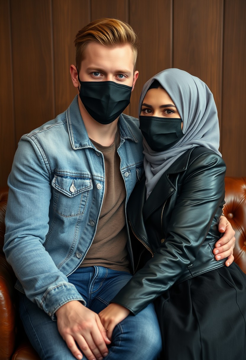 Jamie Dornan's head and body shot, handsome, black face mask, denim jacket, jeans, dating, couple, with the biggest grey hijab Muslim girl, beautiful eyes, black face mask, black leather jacket, biggest skirt, hyper-realistic, studio photography, sitting on a classic leather sofa, wooden wall, selfie. - Image