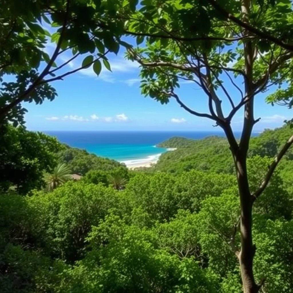 dense green forest with a clearing overlooking the beach and sea, photo quality