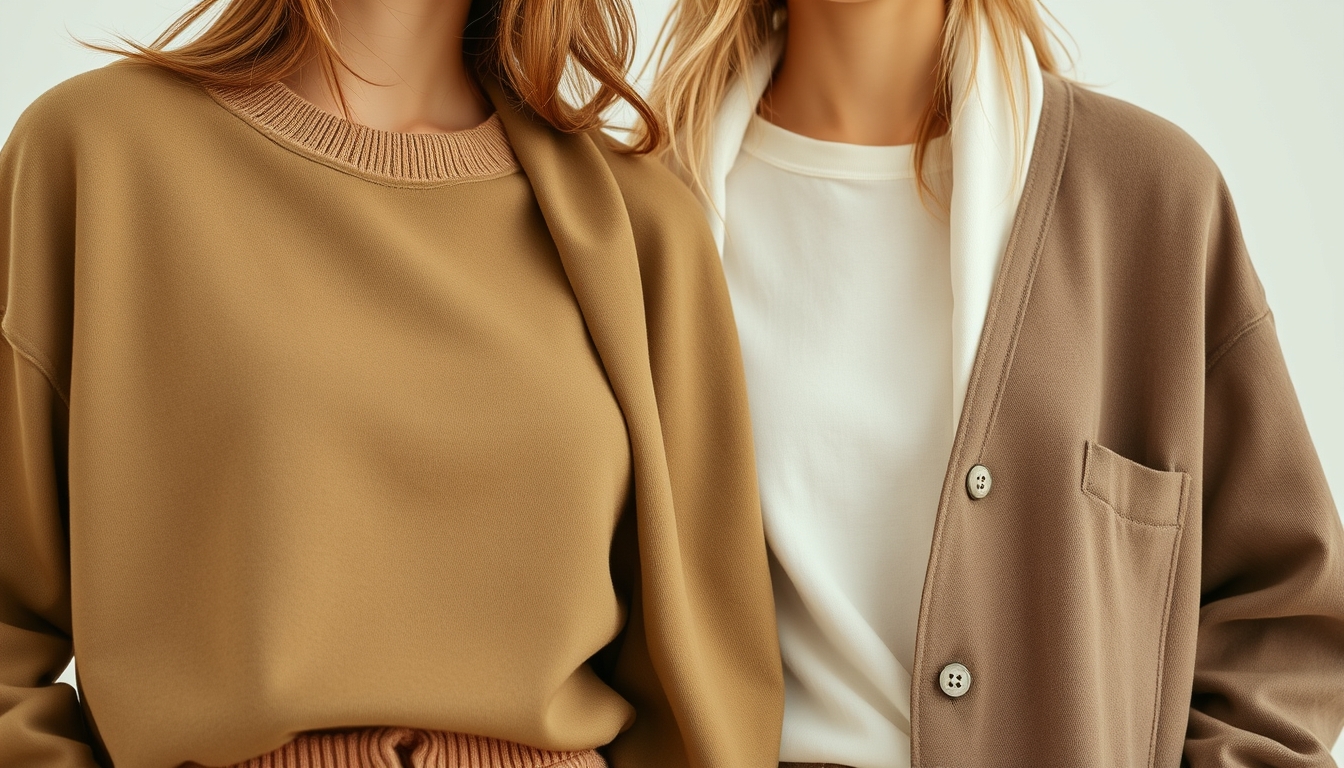 A close-up of eco-friendly clothing items, showcasing organic fabrics, neutral tones, and earthy textures, styled against a clean background. - Image