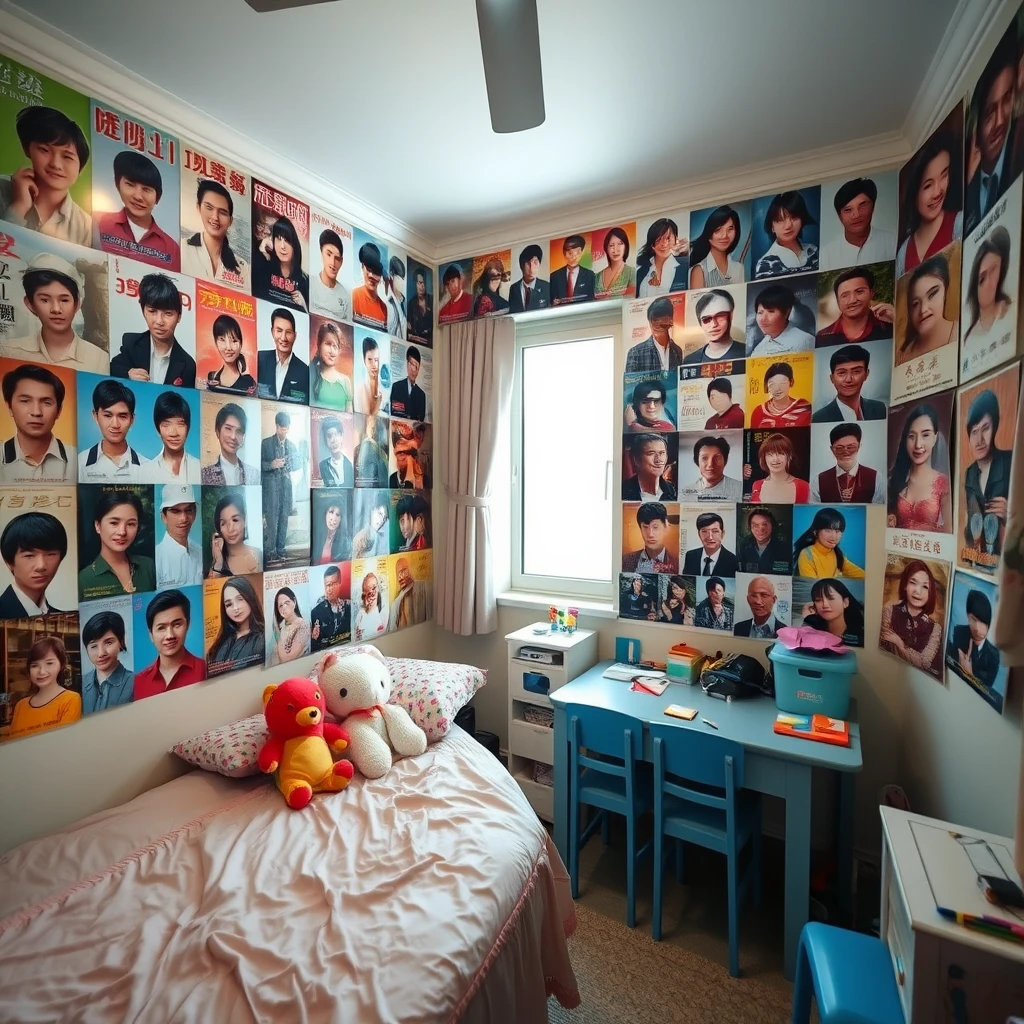 In a room, one wall is covered with many posters of Hong Kong stars, including Vivian Chow, Leon Lai, Leslie Cheung, Aaron Kwok, Faye Wong, and Zhu Yin, among others. It is a girl's bedroom, which has a window, a bed, and a table with chairs. There are plush toys on the bed, and some school supplies on the table.