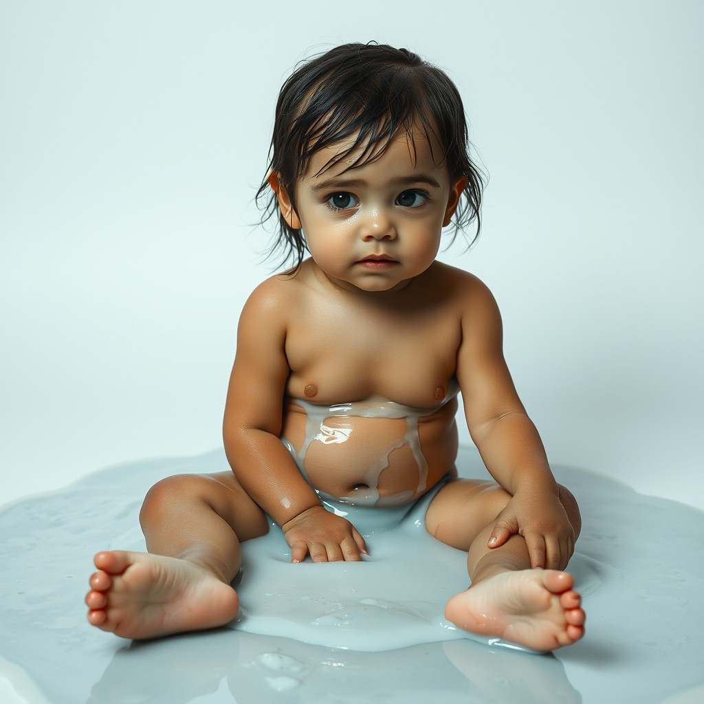 cute little girl with wet oily skin sitting with her legs spread covered in translucent white liquid - Image