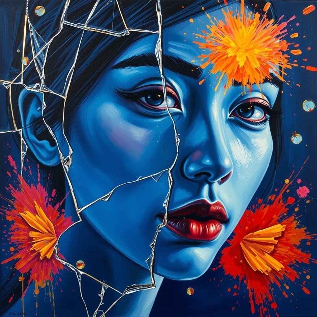 It's an oil painting in the style of Picasso, close-up, a beautiful Asian girl with blue skin and a broken face, surrounded by glass breakage and gold lines on a dark blue background, a colorful explosion from the spillage of powder.