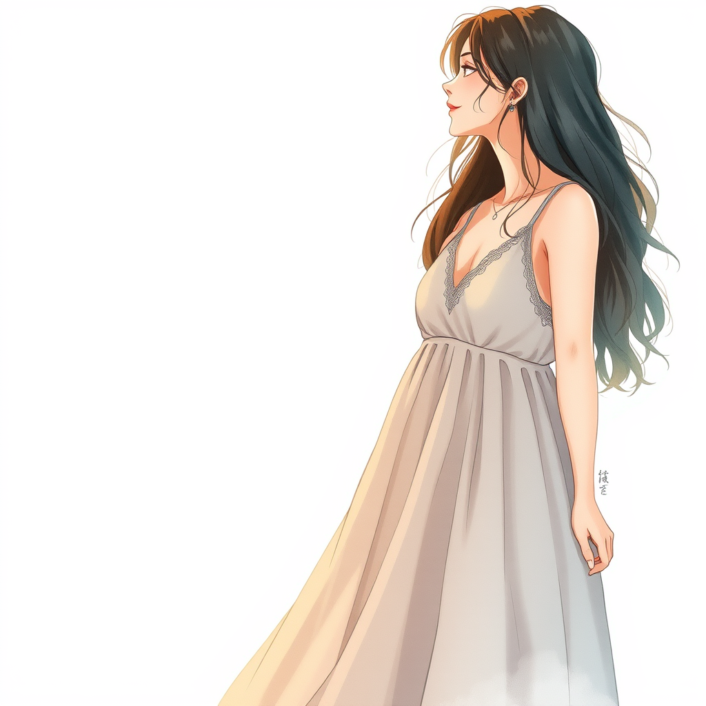 Half body watercolor illustration of a 42-year-old woman, wearing a long boho dress, comfortable, stylish, chic, no makeup, effortless, relaxed, casual, laid-back, frontal facing, beautiful light sky, low saturation, muted colors, animation, fantasy art, by Makoto Shinkai. - Image