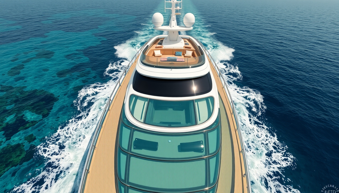 A luxurious yacht with a glass deck, cruising through crystal-clear waters.