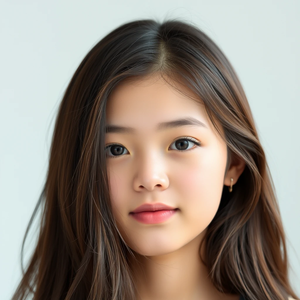 "Facial portrait, Asian, long hair, 20-year-old girl."