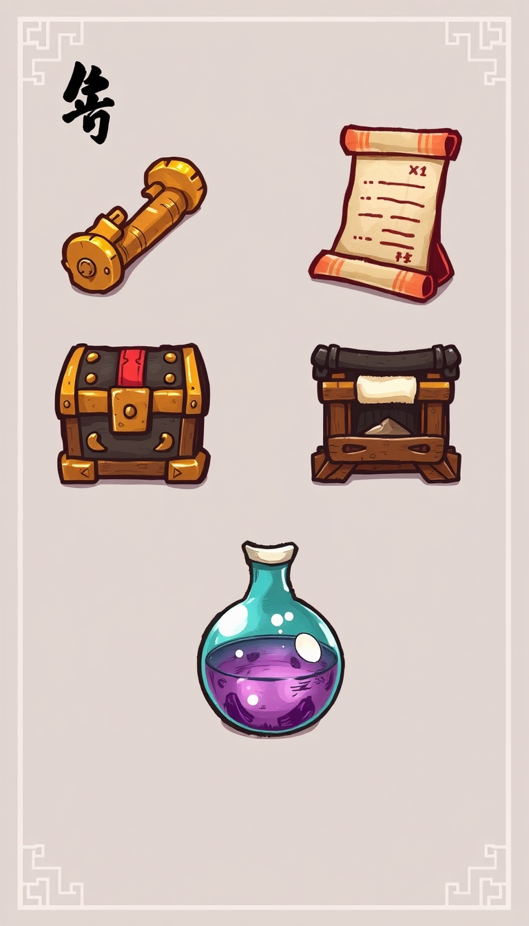 Design a set of game feature icons that blend Chinese ancient style with realism, ensuring the icons are clear and detailed in 8K resolution. Use a colorful ink wash painting style with detailed coloring, hand-drawn bold outlines, and a cute graphic novel aesthetic. Include icons for treasure chest, shop, parchment, and potion bottle.