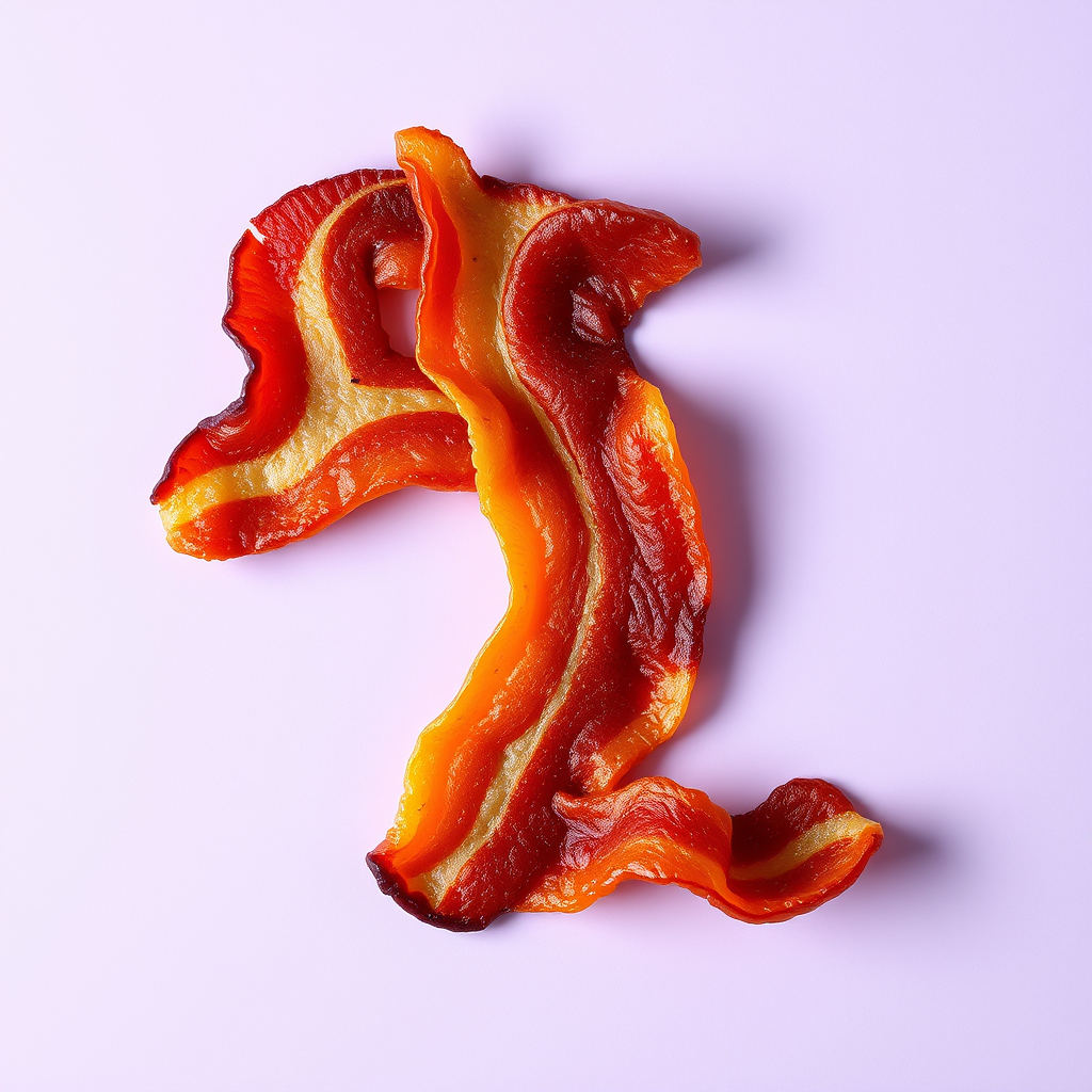 A letter "F" made of fried bacon on a light purple background, realistic photograph.