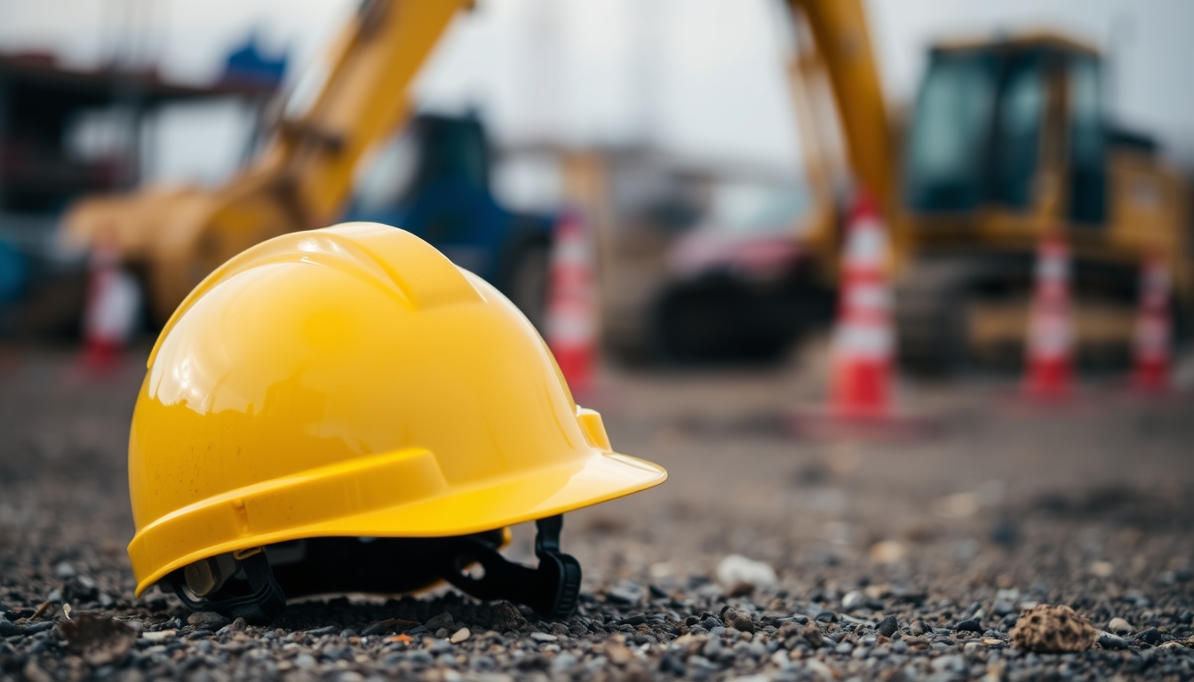 Yellow construction helmet on the ground with a blurred background of a construction area with machinery.