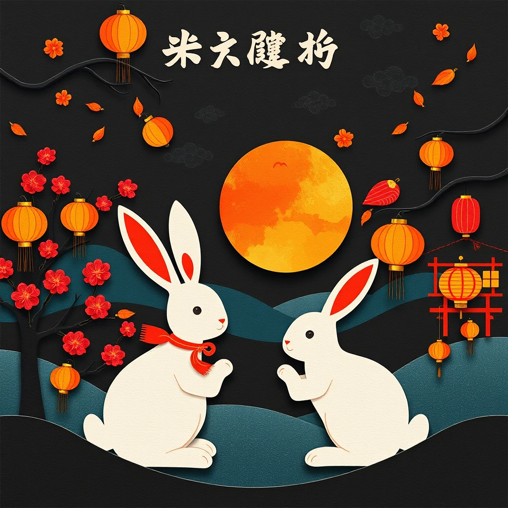 Mid-Autumn Festival, rabbit paper art, night scene - Image