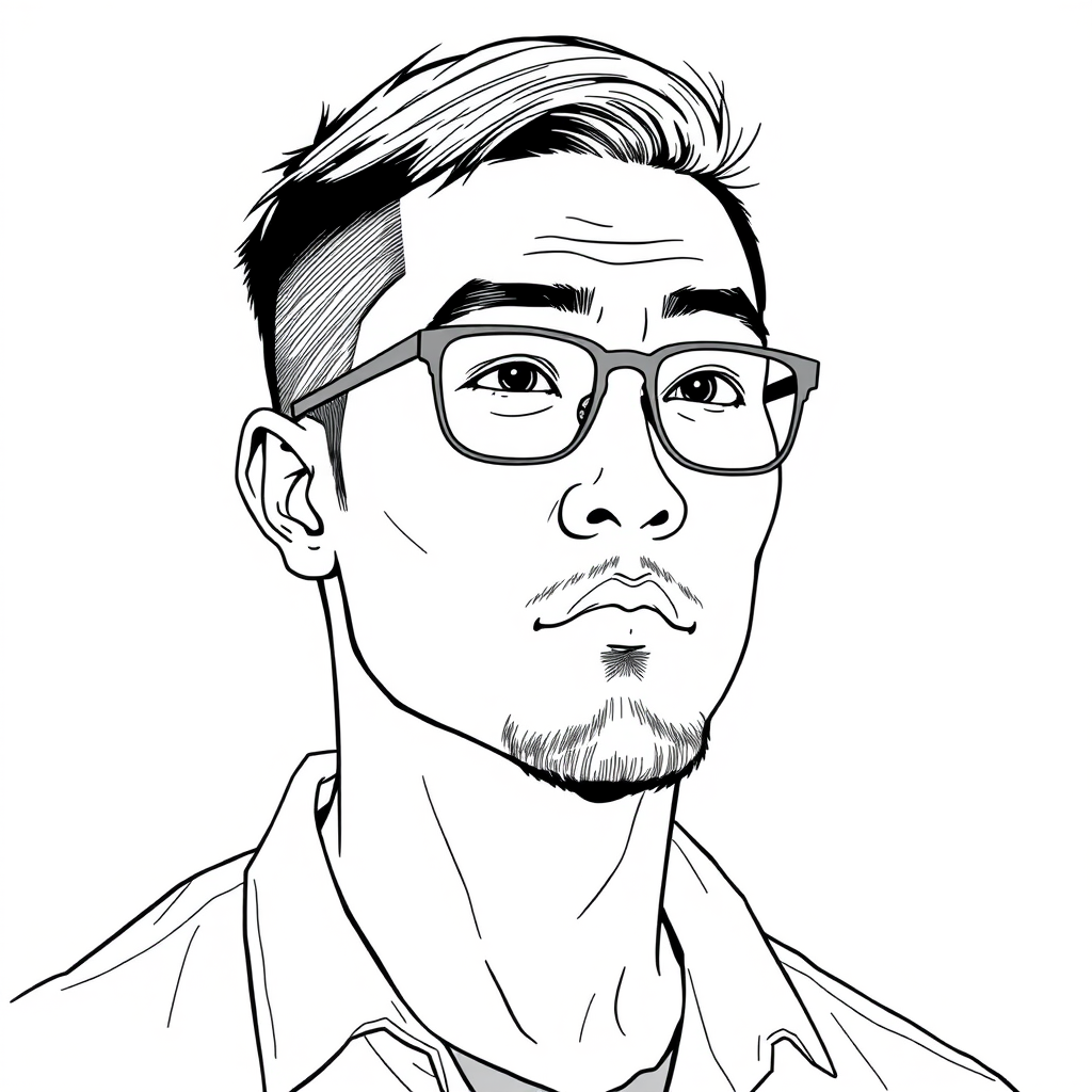 "Create a cool line drawing of a man around 35 years old, with short crew-cut hair and a robust build. He is Asian, wearing framed glasses for nearsightedness, with a clean-shaven upper lip and a bit of beard on the chin. He is wearing a shirt and has a slightly rebellious demeanor, looking thoughtful, and his face should not be too thin."