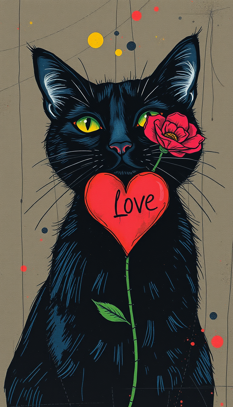 A BLACK CAT with a flower HEART, positive, revolution, palette knife style, deep, abstract, Risograph, Spectrogram, Trash Polka, Stencil graphics, Wheatpaste, neo-noir, style of Asemic Writing ART BY FRANK MILLER, Tony Allain-Photoshop paint brushes watercolor, colored pencil, charcoal, spray Leaks, handcrafted feel illustrations, flashart jpg. - Image