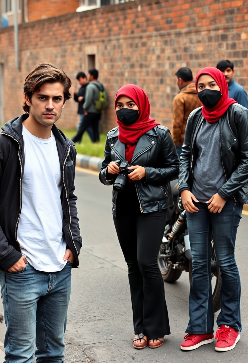 Jamie Dornan and Freddie Prinze, head and body shot, handsome, young, serious face, dark brown hair, white T-shirt, collage jacket, skinny jeans, sneakers, standing, discussing with two guys and a short, slim Muslim girl in a red hijab, beautiful eyes, black face mask, black leather jacket, grey long T-shirt, bell-bottom jeans, red sneakers, holding a Canon DSLR camera, near a town road, superbike, hyper-realistic, street photography, brick wall, full body photo, with three other random strangers in the background. - Image