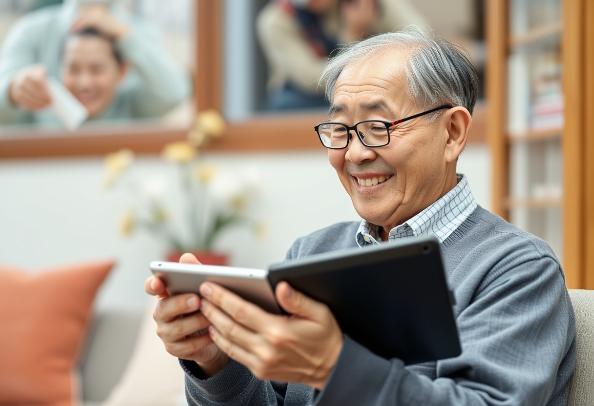 Korean grandfather, smiling, using AI economy service through iPad