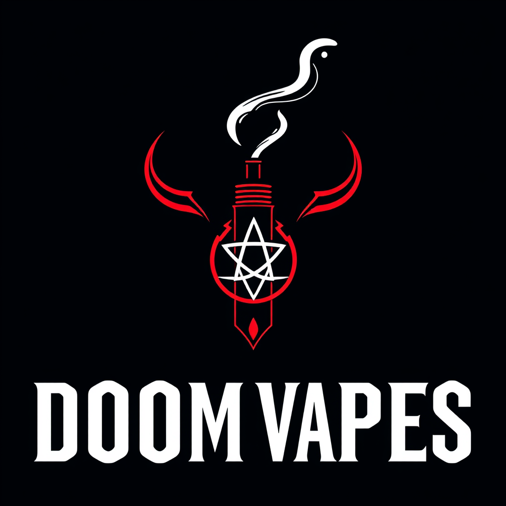 Sleek, minimalist logo for DoomVapes: stylized vape pen intertwined with demonic horns, emitting wispy smoke forming a subtle pentagram. Crimson and obsidian color scheme. Sharp, clean lines evoke modern tech and ancient occult symbols. Balanced composition exudes rebellious yet sophisticated atmosphere.