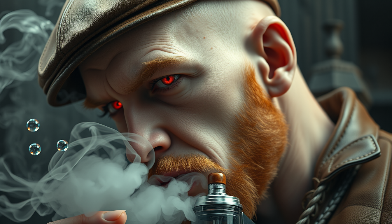 Hyper-realistic three-quarter portrait of a demonized white male, bald with meticulously detailed ginger stubble, donning a worn leather flatcap. Piercing red eyes gleam as he exhales dense, swirling vapor clouds from an intricately designed chrome vapemod. Iridescent e-liquid droplets suspended mid-air. - Image