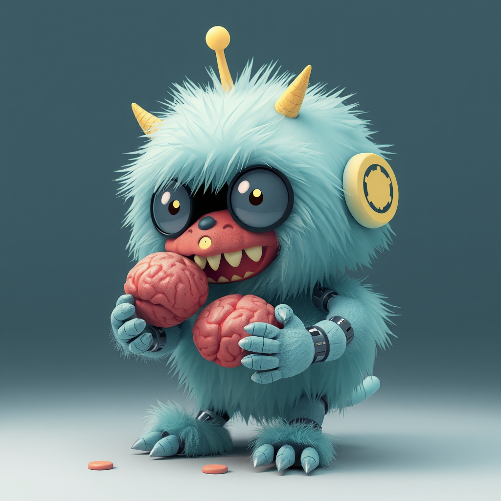 a fluffy cute baby monster eating robot brain