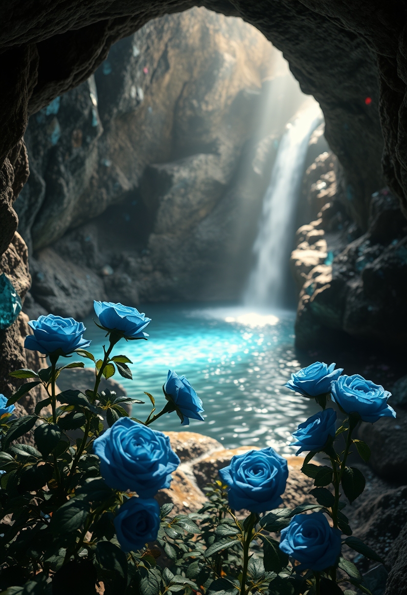 (Award-winning photo) of a cave surrounded by gemstones; in the distance, you can see a water basin with a waterfall. Blue roses grow by the basin. The light from the gemstones with which the wall is decorated falls on the water and casts shadows on the rose petals. The atmosphere of the picture is magical and warm, masterpiece, best quality, high quality, absurdres, insanely absurdres, detailed background, very aesthetic, raytracing, volumetric lighting, 8k uhd hdr, cinematic, epic, (photo (medium), realistic:1.2), sharp focus, by ideogram.