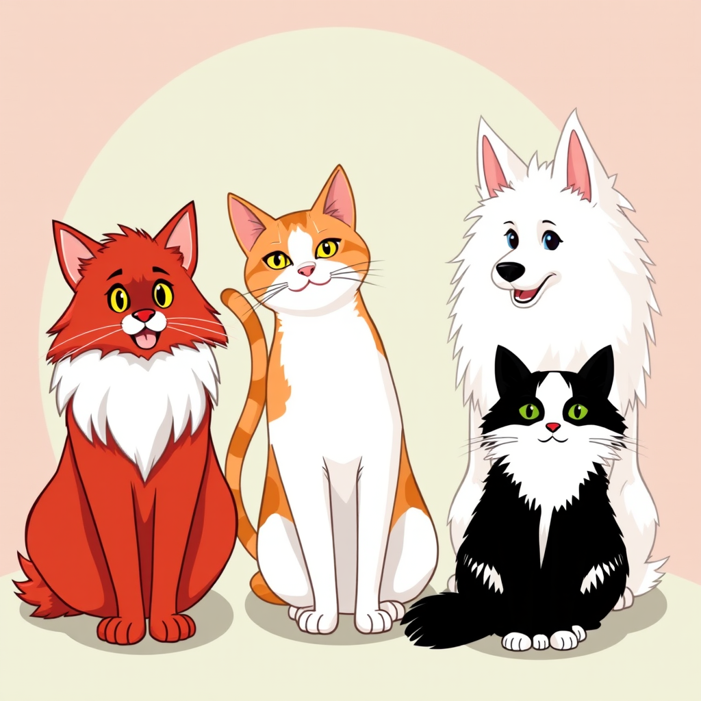 Cartoon style picture. The picture should show a red Maine Coon, a light red mongrel cat, a black and white regular cat, and a white German Spitz. - Image