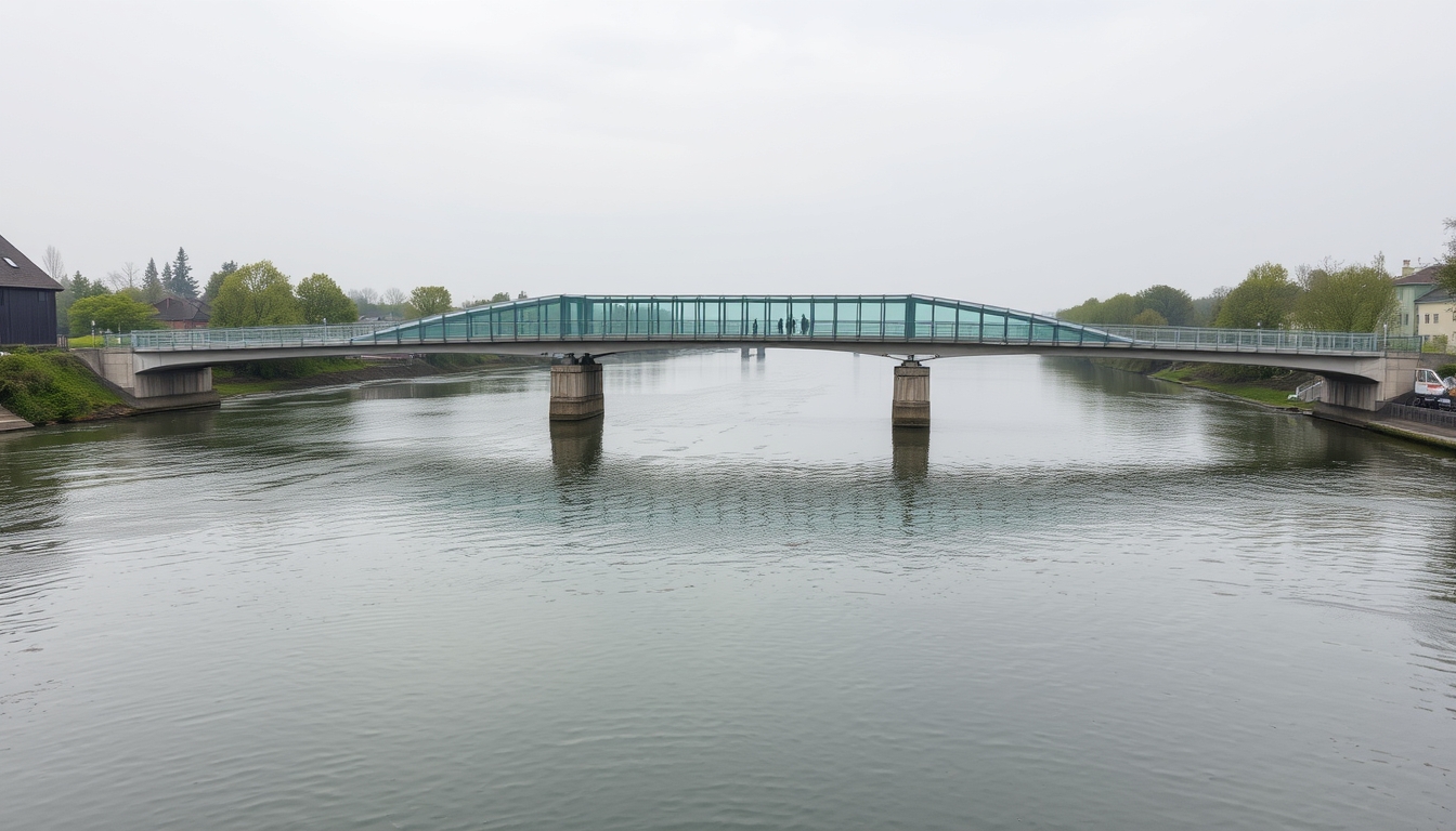 A serene river scene with a glass-bottomed bridge crossing over it. - Image