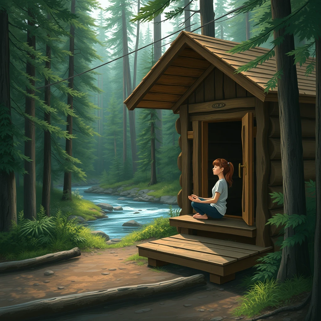 A forest, a wooden cabin, a girl meditating inside the cabin, with a river in front of her, and a certain distance between the cabin and the river, realistic style.