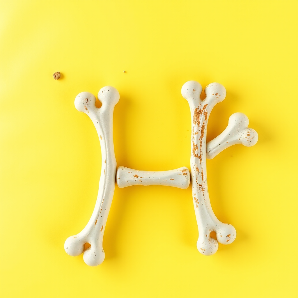 A letter "H" made of bones, yellow background, realistic photograph - Image