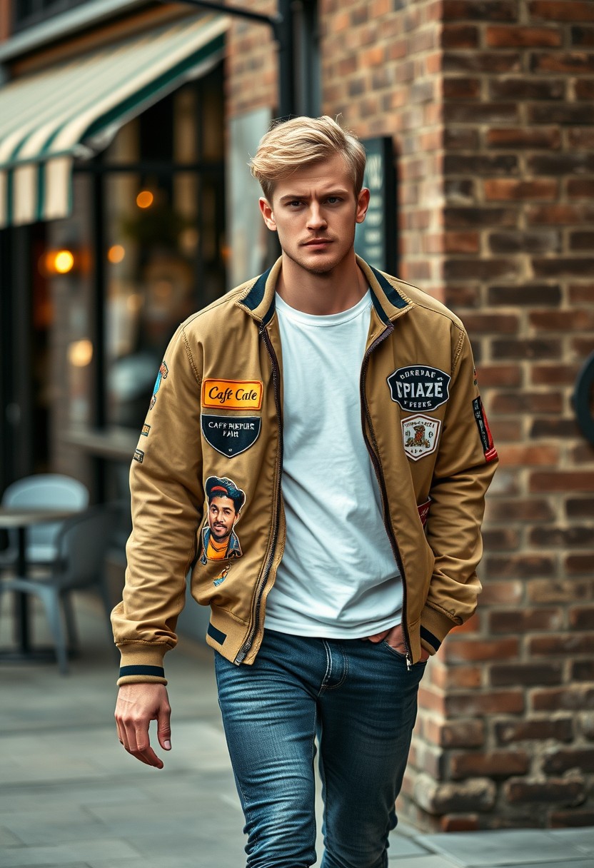 Freddie Prinze head and body shot, handsome, young, serious face, white T-shirt, collage jacket, skinny jeans, sneakers, walking hot style, near cafe, hyper-realistic, street photography, brick wall, full body photo, morning scenery. - Image