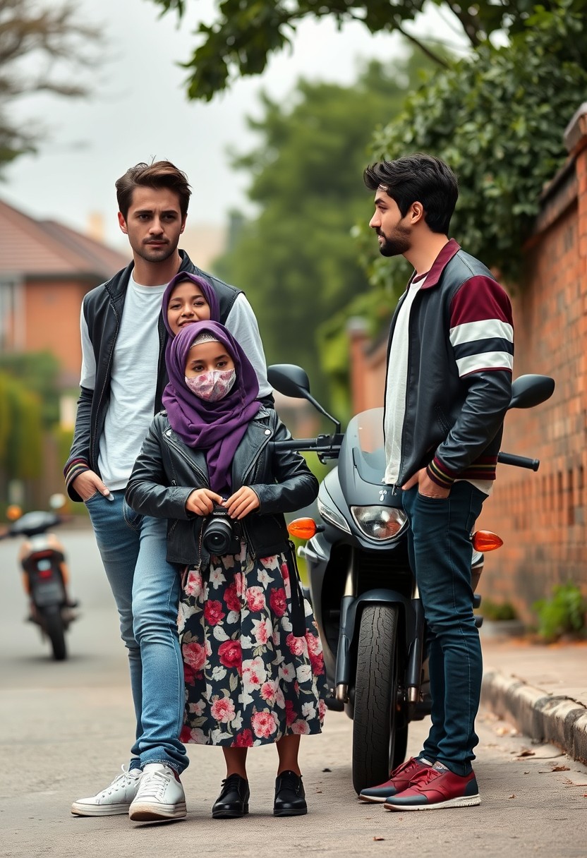 Jamie Dornan and Freddie Prinze head and body shot, handsome, young, serious face, dark brown hair, white T-shirt, college jacket, skinny jeans, sneakers, standing, talking to each other with a small Muslim girl wearing a purple hijab, beautiful eyes, face mask, black leather jacket, biggest floral skirt, holding a Canon DSLR camera, near a town road, superbike, hyper-realistic, street photography, brick wall, full body photo.