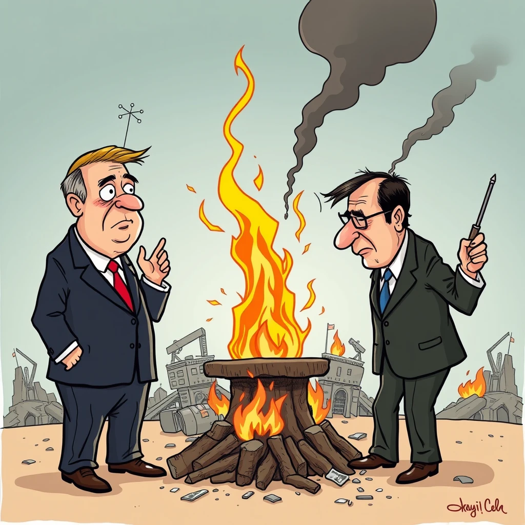 "Create a political cartoon that satirizes the incompetence and mistakes of politicians in dealing with society's various problems. Show politicians as clueless or indifferent, perhaps fiddling or engaging in trivial activities while the world around them burns or crumbles. Illustrate the growing issues like economic crisis, social unrest, and rising extremism being ignored or mishandled by these leaders. The cartoon should convey a sense of frustration with the political leadership's failure to address critical issues." - Image