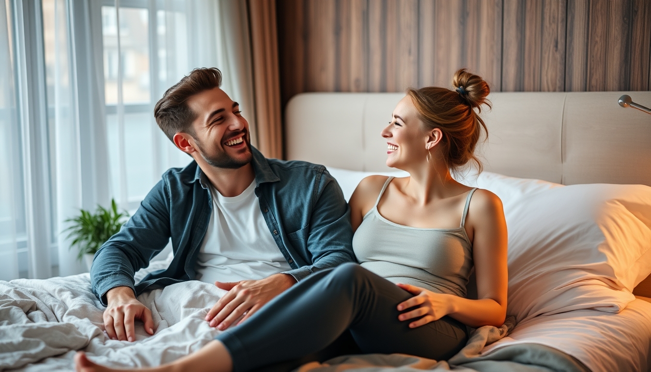 Laughing, a man and woman on a bed in the morning for love, support, and relaxation in an apartment. Happiness, a couple together at home for a date, caring, and sharing comedy or jokes with respect and affection for the weekend.