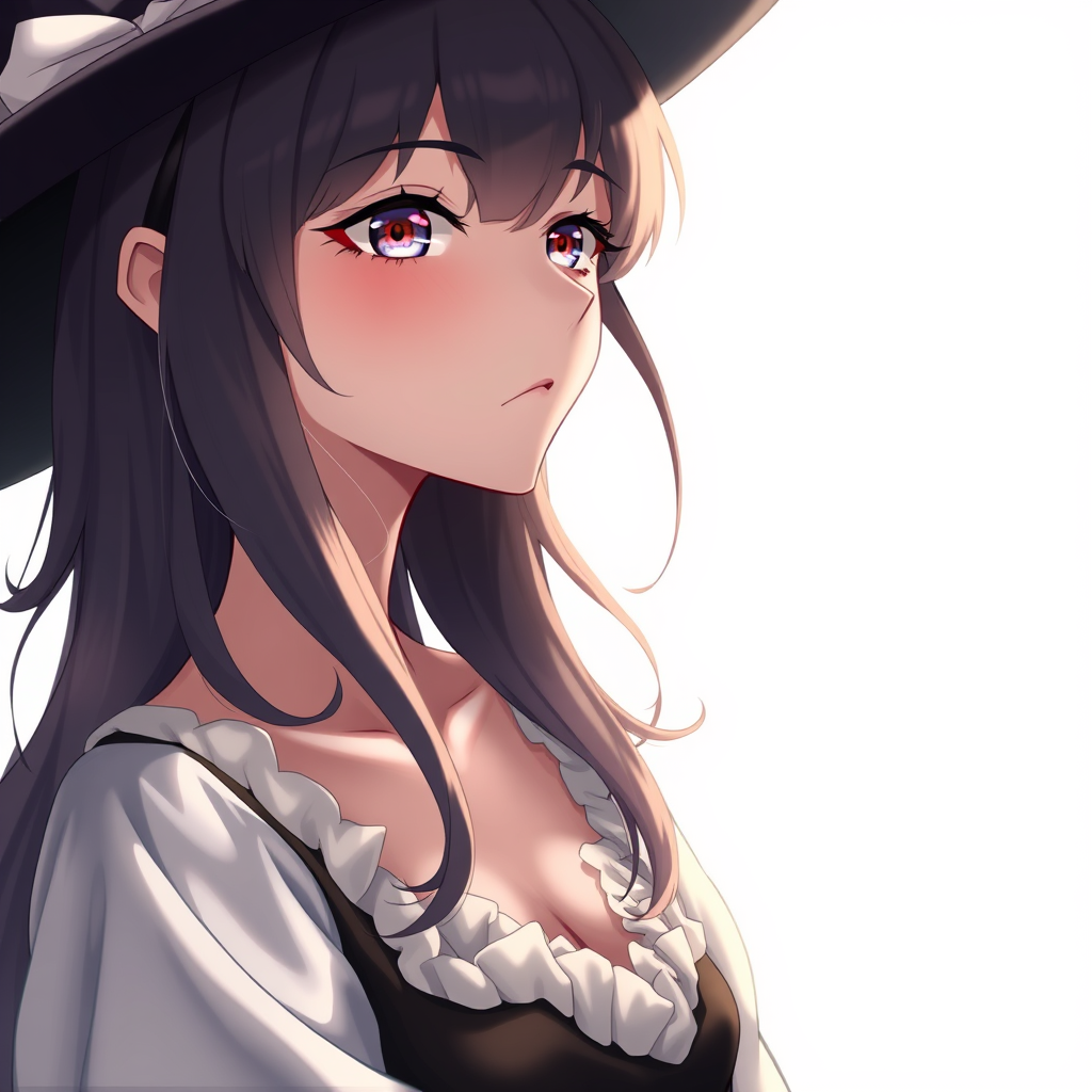 Anime art of a motherly woman witch, close-up, hair style, witch dress, natural reflective, detailed body, standing, white background, stunning details, trending on artstation, anime artwork, illustration quality, soft shadows, SFW