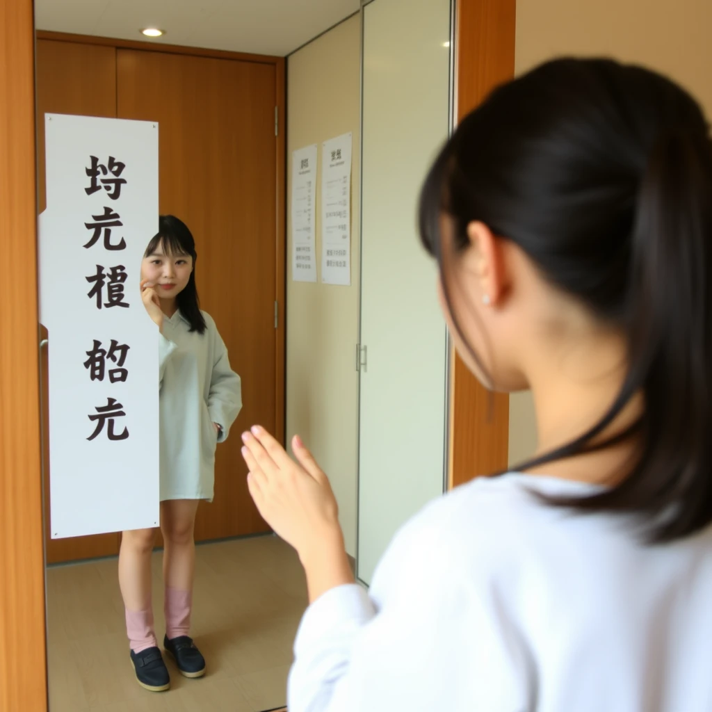 A female student is looking in the mirror. Notice that she is looking in the mirror, the full-length mirror allowing her to see her shoes. Additionally, there should be Chinese characters or Japanese.